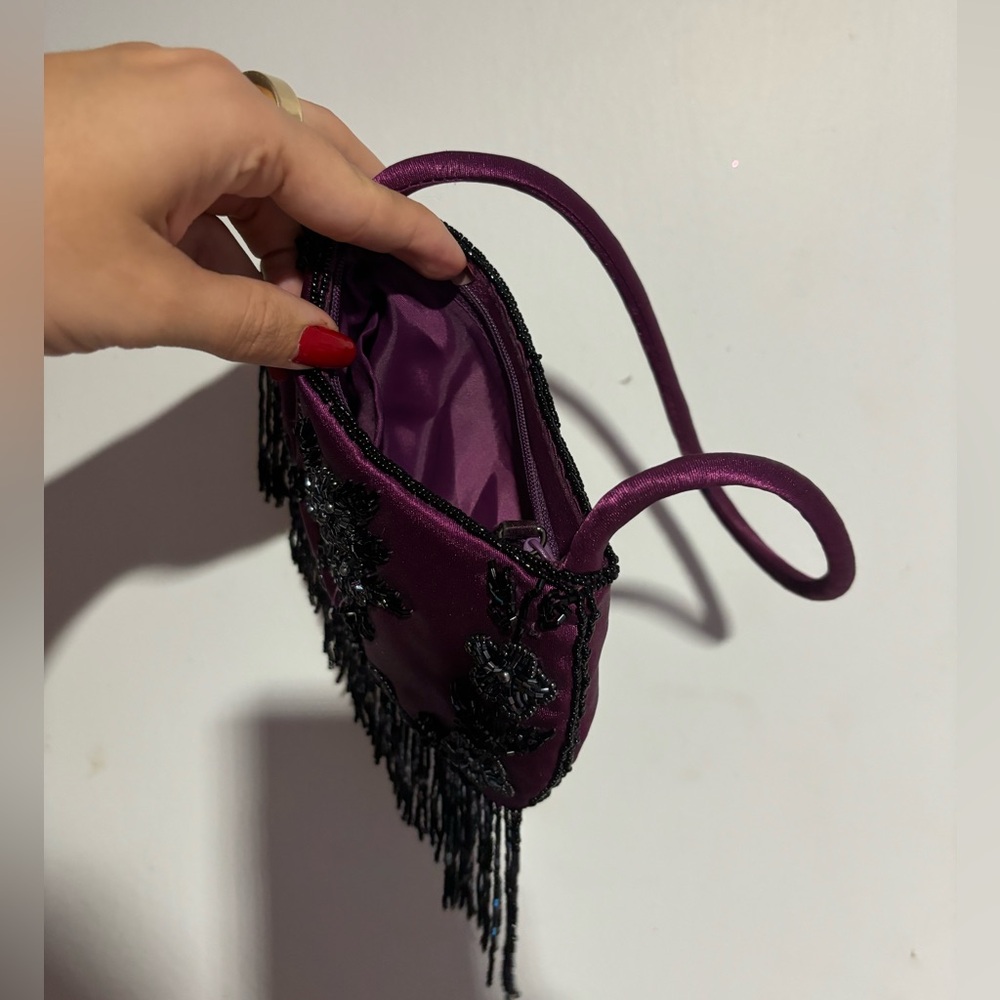 ✨ VINTAGE RARE 50s SMALL BEADED SATIN MINI PURSE PLUM DANGLY BEADED FRINGE ✨ - Picture 7 of 12